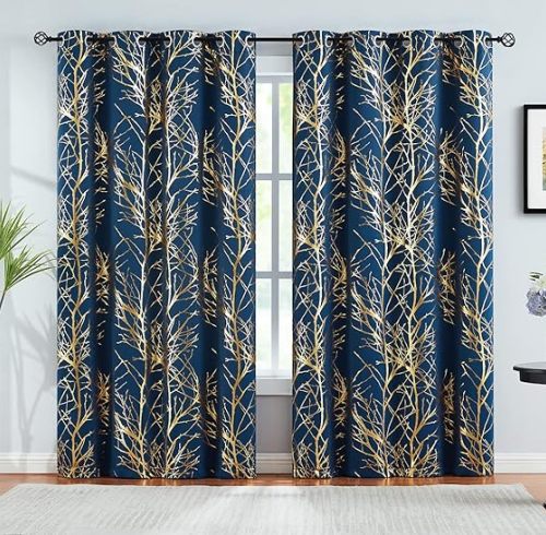 Gold Foil Blackout Curtains for Bedroom | Modern Shiny Custom Curtain for Living Room | Silver Blue Black | ODM OEM