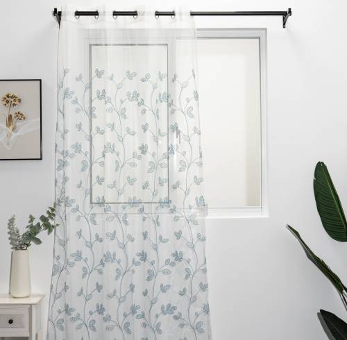 Blue Foral Leaf Embroidery Sheer Curtain for Bedroom Living Room | Curtains Manufacturer ODM/OEM