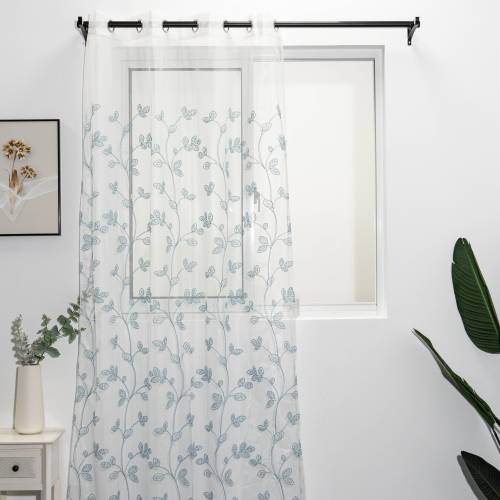 Blue Foral Leaf Embroidery Sheer Curtain for Bedroom Living Room | Curtains Manufacturer ODM/OEM