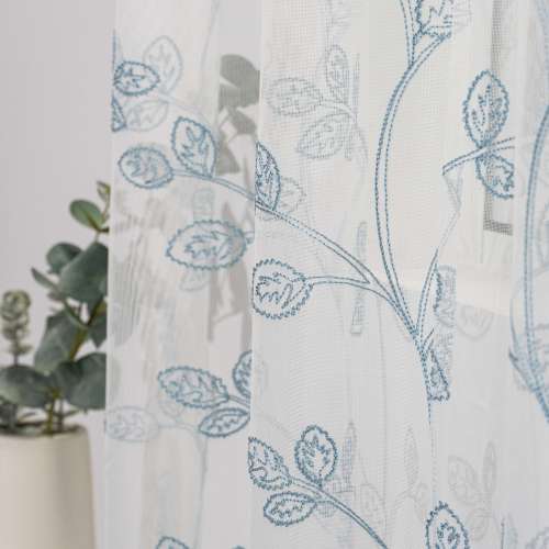 Blue Foral Leaf Embroidery Sheer Curtain for Bedroom Living Room | Curtains Manufacturer ODM/OEM