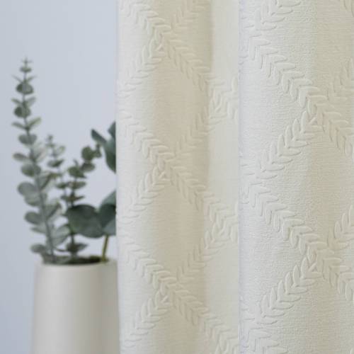 White Elegant Embossed Leaf Pattern Velvet Curtain for Home Decor, Living Room