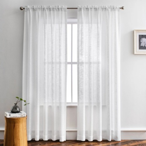 Faux Linen Semi Sheer Curtains for Bedroom | Crisscross Pattern White Curtains for Living Room