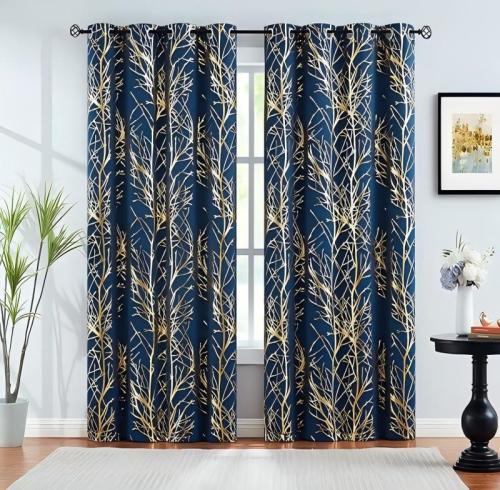 Gold Foil Blackout Curtains for Bedroom | Modern Custom Curtain for Living Room | Silver Blue Black