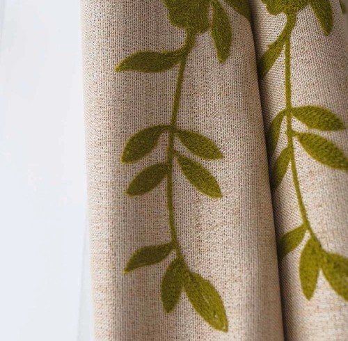 Green Leaves Embroidery Linen Look Blackout Curtains | Custom Curtain Supplier