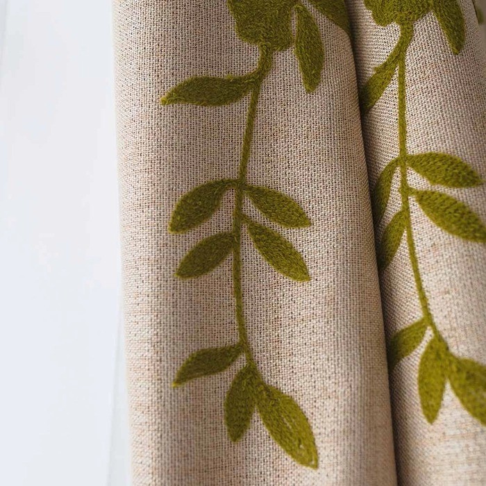 Green Leaves Embroidery Linen Look Blackout Curtains | Custom Curtain Supplier