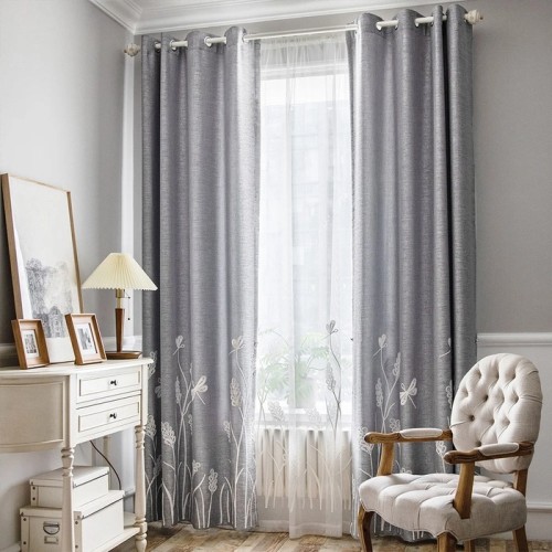 Gray Flowers Embroidery Faux Linen Blackout Curtains | Custom Light Blocking Panels Drapery