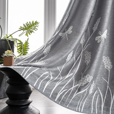 Gray Flowers Embroidery Faux Linen Blackout Curtains | Custom Light Blocking Panels Drapery