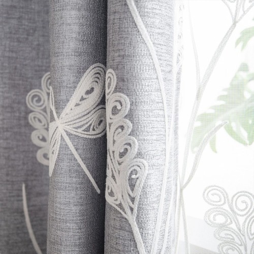 Gray Flowers Embroidery Faux Linen Blackout Curtains | Custom Light Blocking Panels Drapery