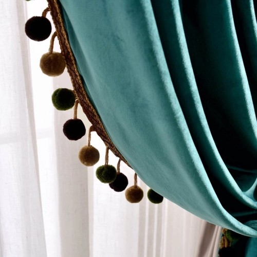 Luxury Velvet Curtains with Pom-Pom Trim |  Custom Curtains for Wholesele | Living Room & Bedroom Decor