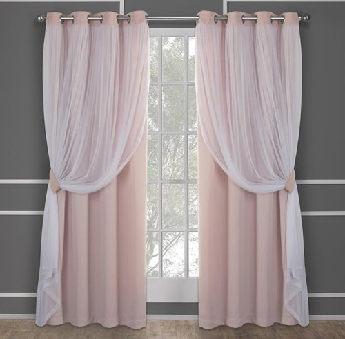 Pink Double Layer Blackout Curtains | Layered Solid Room Darkening Curtains for Girls' Room