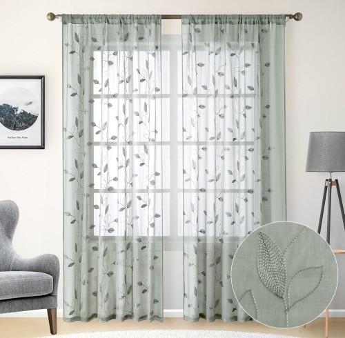 Green Sheer Embroidered Drapes | Leaf Pattern Faux Linen Sheer Curtains | Drapes for Bedroom Living Room