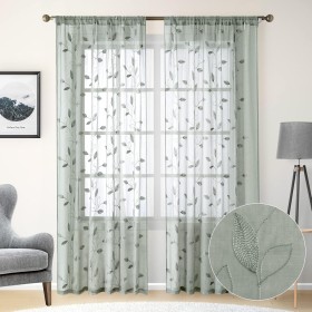 Green Sheer Embroidered Drapes | Leaf Pattern Faux Linen Sheer Curtains | Drapes for Bedroom Living Room