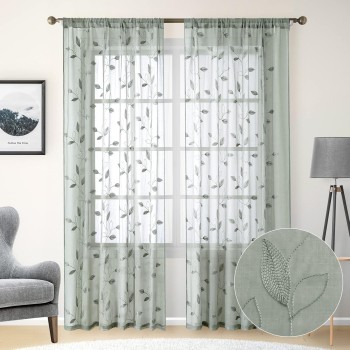 Green Sheer Embroidered Drapes | Leaf Pattern Faux Linen Sheer Curtains | Drapes for Bedroom Living Room