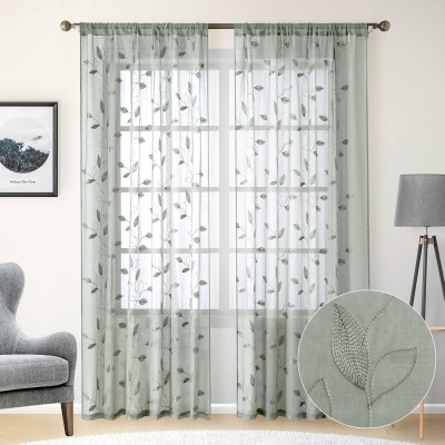 Green Sheer Embroidered Drapes | Leaf Pattern Faux Linen Sheer Curtains | Drapes for Bedroom Living Room