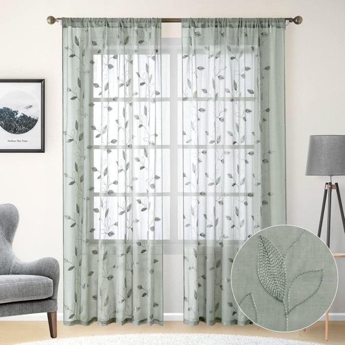Green Sheer Embroidered Drapes | Leaf Pattern Faux Linen Sheer Curtains | Drapes for Bedroom Living Room