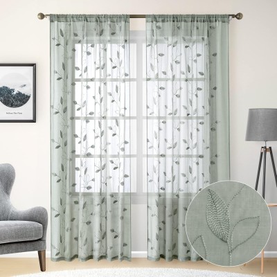 Green Sheer Curtains | Embroidered Leaf Pattern Faux Linen Semi Sheer Voile | Drapes for Bedroom Living Room