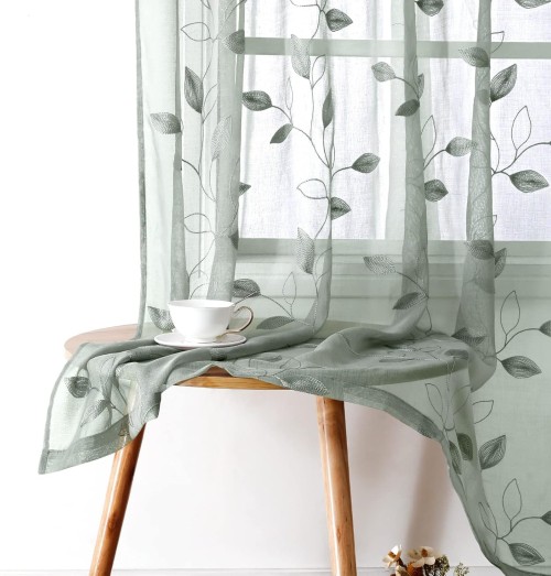 Green Sheer Curtains | Embroidered Leaf Pattern Faux Linen Semi Sheer Voile | Drapes for Bedroom Living Room