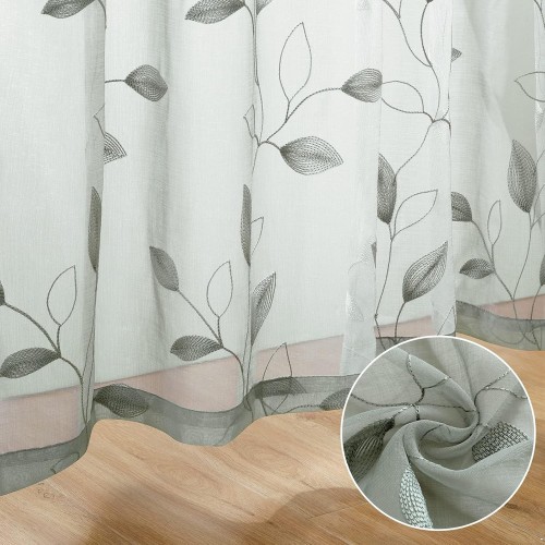 Green Sheer Curtains | Embroidered Leaf Pattern Faux Linen Semi Sheer Voile | Drapes for Bedroom Living Room