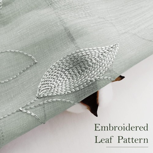 Green Sheer Curtains | Embroidered Leaf Pattern Faux Linen Semi Sheer Voile | Drapes for Bedroom Living Room