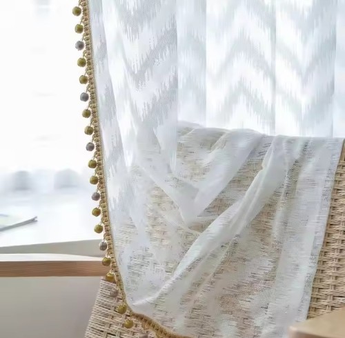 White Sheer Curtains for Living Room & Bedroom | Boho Pom-Pom Sheer Drapes | Light-Filtering Window Panel