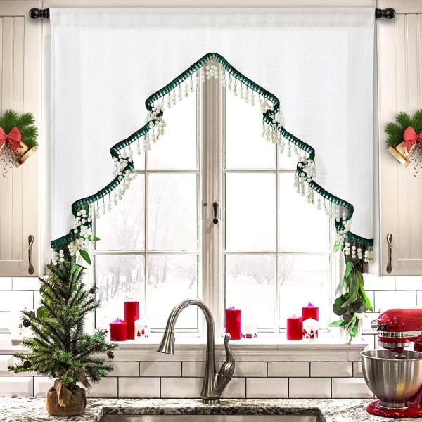 Tree-Shaped Christmas Kitchen Curtain Holiday | Kitchen Valance with Cotton Ball Tassels | Rod Pocket Café Curtains