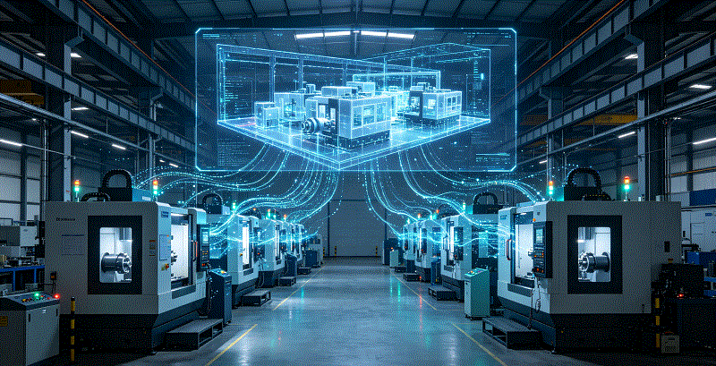Smart factory CNC machining center with digital twin and AI monitoring systems