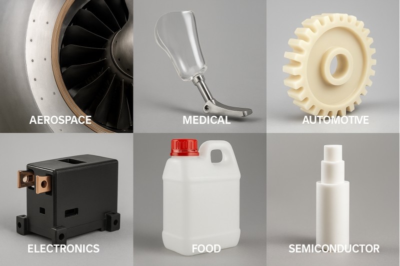 A collection of various CNC machined plastic parts in different colors and shapes