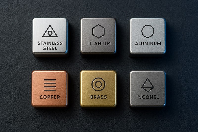 A display of various metal samples, including steel, aluminum, copper, and titanium.