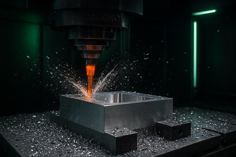 A CNC machine precisely cutting a block of aluminum.