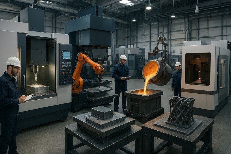 Engineers collaborating over a CAD drawing of a complex metal assembly.