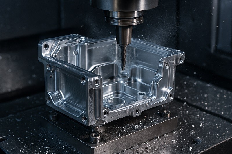 A sleek CNC-machined aluminum aerospace component on a blueprint