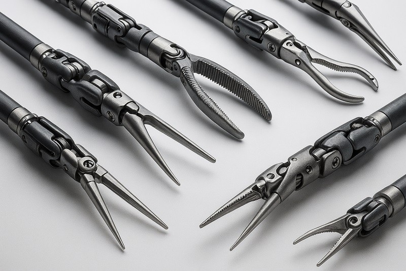 A collection of different surgical robotic instrument tips