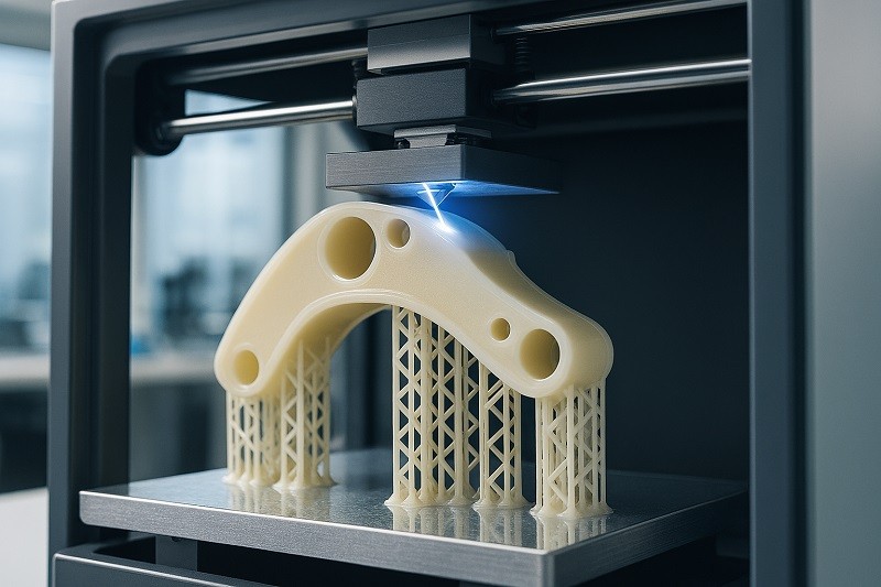 A side-by-side comparison of a simple block and a complex lattice structure, both 3D printed, with a text overlay indicating similar production costs.
