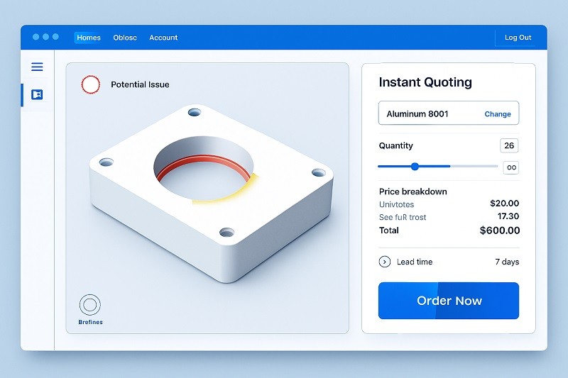 A user interface of an online manufacturing platform showing a 3D model with DFM feedback and an instant quote.