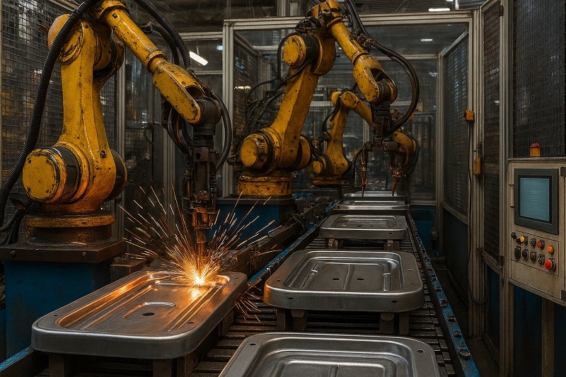 An automated robotic arm performing assembly on precision metal parts