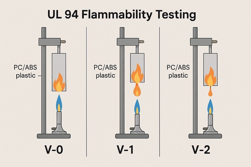 Chart showing UL 94 flammability ratings from HB to 5VA.