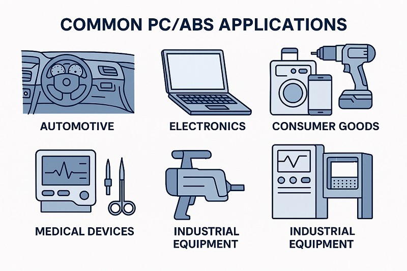 A collage of products made from PC ABS, including car dashboards, laptop cases, and medical device housings.