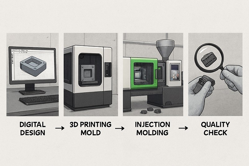 A visual grid comparing four manufacturing processes: Low-Volume Injection Molding, Direct 3D Printing, CNC Machining, and Thermoforming, with icons representing their key strengths (e.g., speed, cost, complexity, volume).