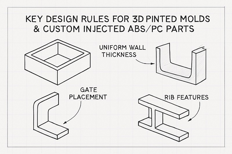 A workflow diagram showing the steps from CAD design to 3D printing, washing, curing, assembly into a metal frame, and finally injection molding.