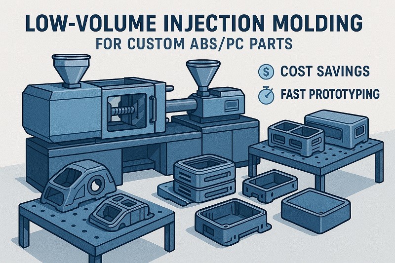 A collage showing the progression from a single prototype to a small batch of low-volume parts, and then to a large-scale high-volume production line.