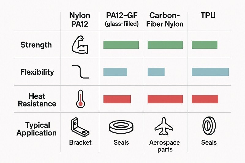 A collection of white Nylon PA12 SLS printed parts with complex geometries