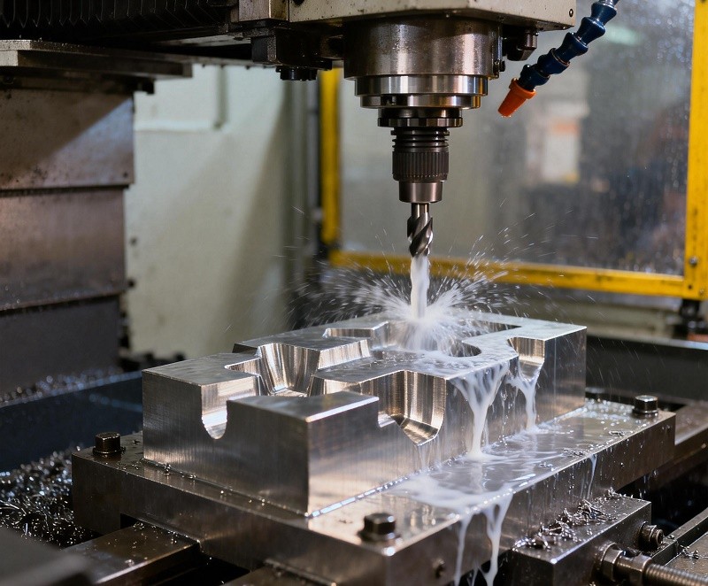 An assortment of precision CNC machined metal parts made from aluminum, stainless steel, and titanium, arranged neatly.