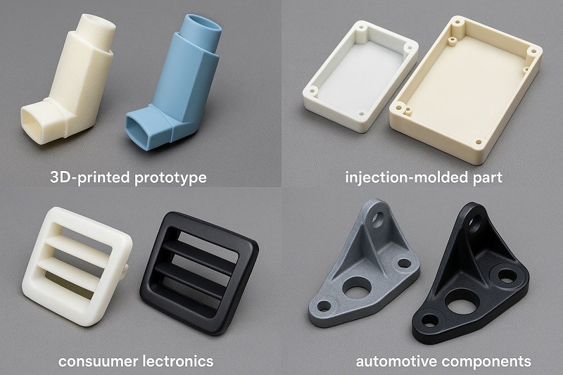 A collection of diverse custom molded plastic parts in various colors, shapes, and sizes, including parts with metal inserts and overmolded grips.