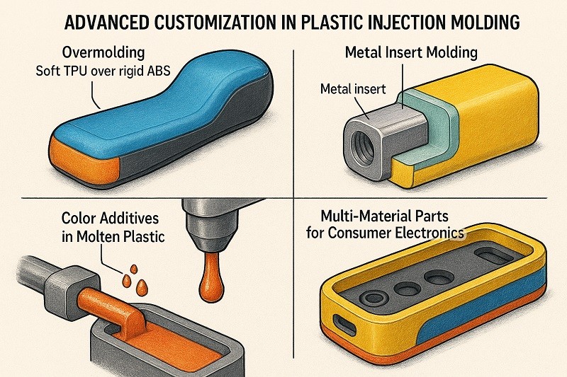 A 3D-printed anatomical model of a heart next to a tray of mass-produced, injection-molded surgical instrument handles.