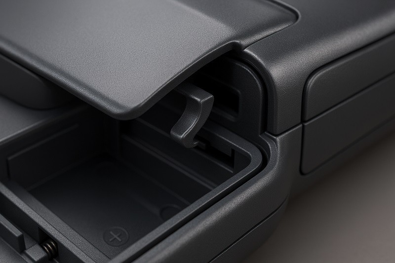 An array of small, complex plastic snap fittings for consumer electronics.