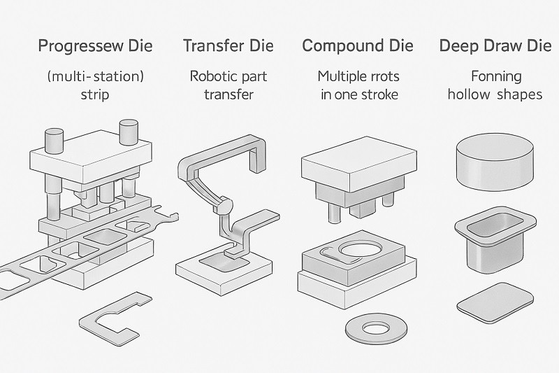 A diagram of a progressive die showing a metal strip moving through multiple stations
