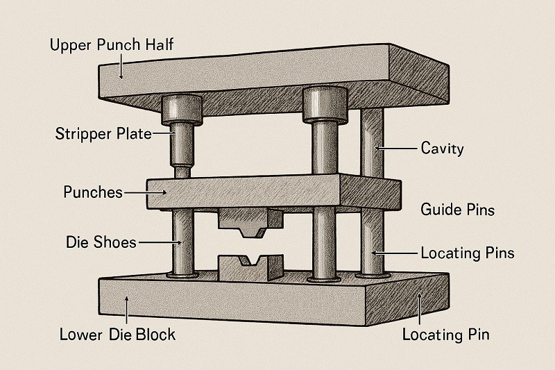A close-up of a complex stamping die with multiple stations