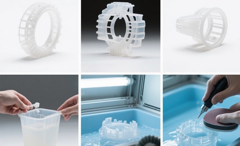 SLA parts before and after post-processing and finishing