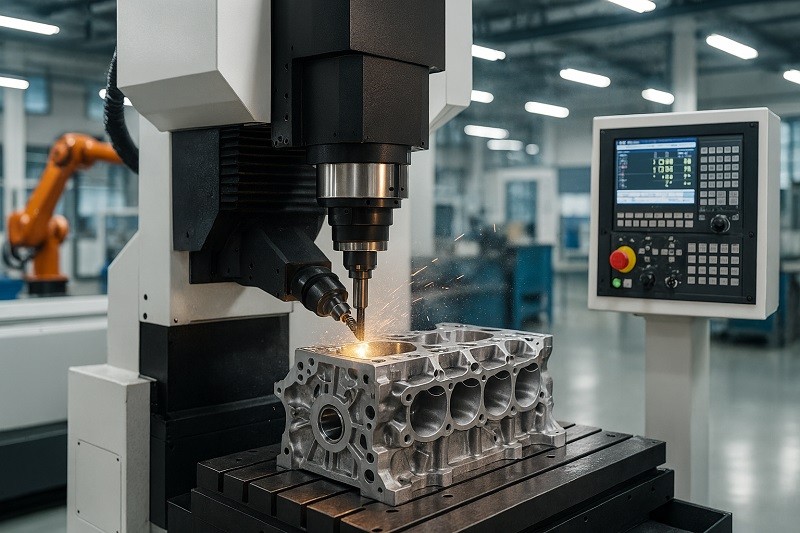 A CNC machine meticulously crafting a metal engine component.