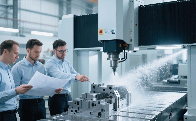 A CNC machine in operation, creating a complex metal part